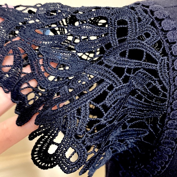 LOFT Navy Blue Short Sleeve Shirt With Lace Cutout Sleeves - Picture 9 of 10
